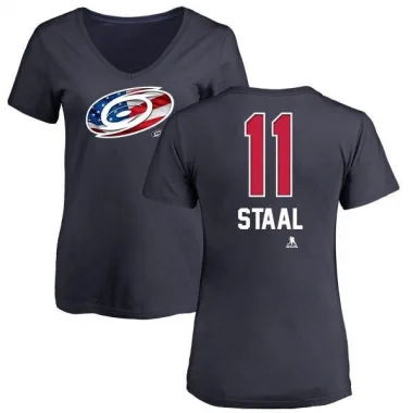 Navy Women's Jordan Staal Carolina Hurricanes Name and Number Banner Wave V-Neck T-Shirt -